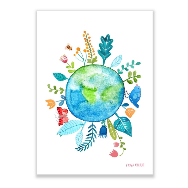 Print A4 grüner Planet von Frau Ottilie Tier Kinderzimmer Poster Geburt