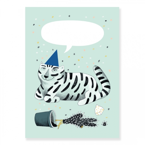 Karin Lindeskov 17 Party Cat blue Tiger Postkarte