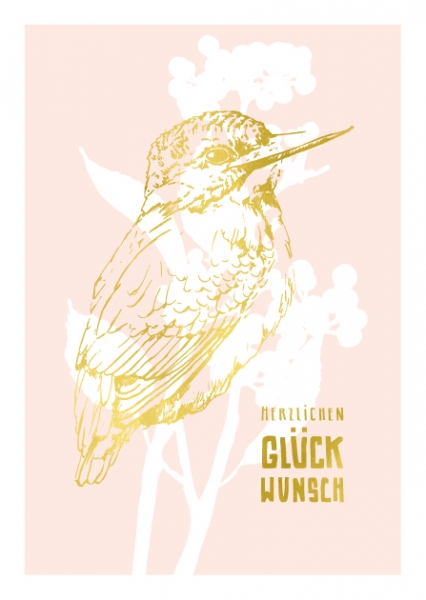 ILG003 Minsi Vogel Herzlichen Glückwunsch Goldprägung Postkarte illi Nürnberg 