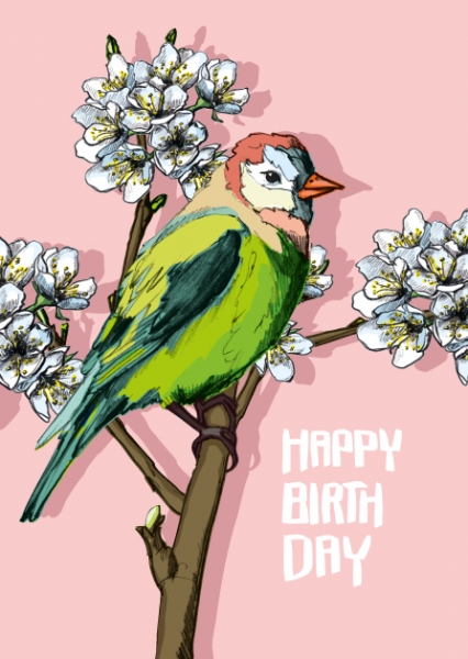 IL0303 Tabini Happy Birthday Vogel Blumen Postkarte illi Nürnberg