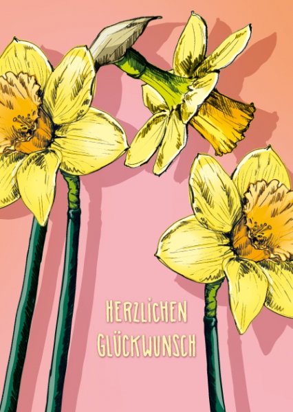 IL0393 Lusie Herzlichen Glückwunsch Osterglocken Blumen Postkarte illi Nürnberg