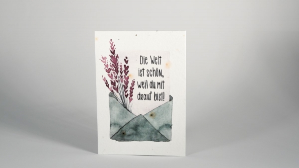 einpflanzbare Postkarte - Die Welt ist schön, weil du mit drauf bist primoza Samen Kamille