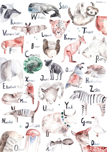 Gretas Schwester Poster ABC Englisch Whale Sloth Tiger Fox Bear Pony Zebra Yak Otter Ant Deer