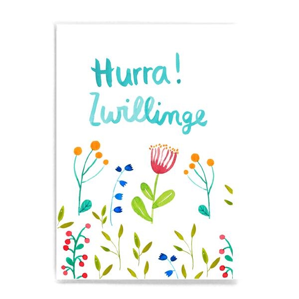 Postkarte Hurra! Zwillinge Geburt Frau Ottilie Blumen