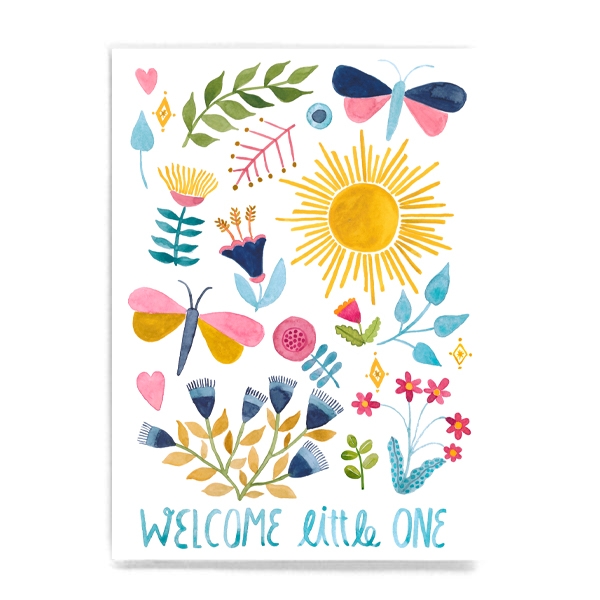 Postkarte welcome little one Geburt Frau Ottilie Blumen Sonne