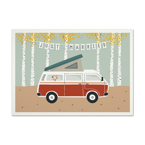 Postkarte 'Just Married' Tell Me Berlin Hochzeit Camper Bus Birken